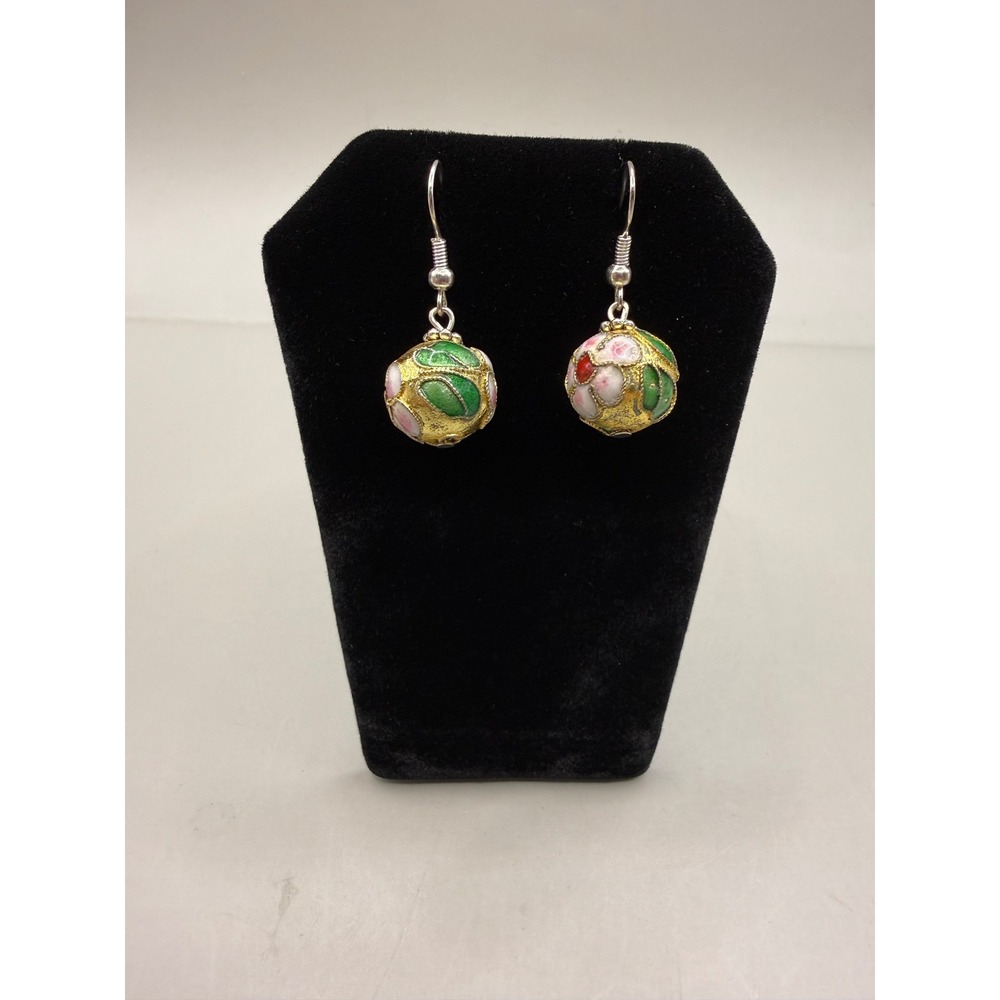 Vintage Style Cloisonne Enamel Floral Bead Drop Earrings Gold Green Pink Floral